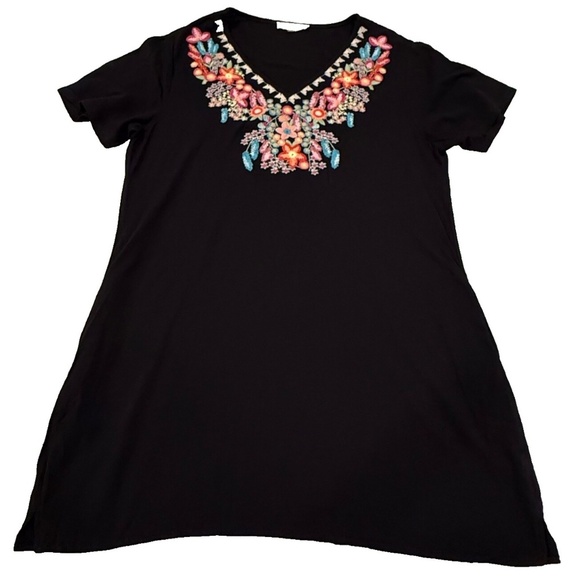 Solitaire Anthropologie Ladies' Black Embroidered Boho Tunic Dress, V-Neck; Med - Picture 3 of 6